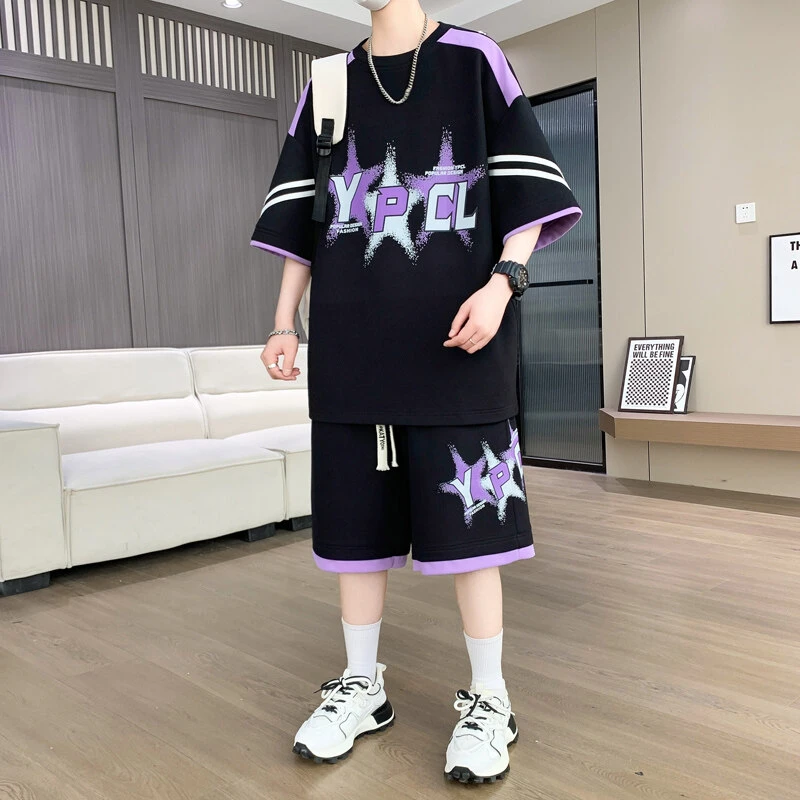夏季新款青少年时尚潮流男士圆领T恤五分裤套装休闲运动服两件套