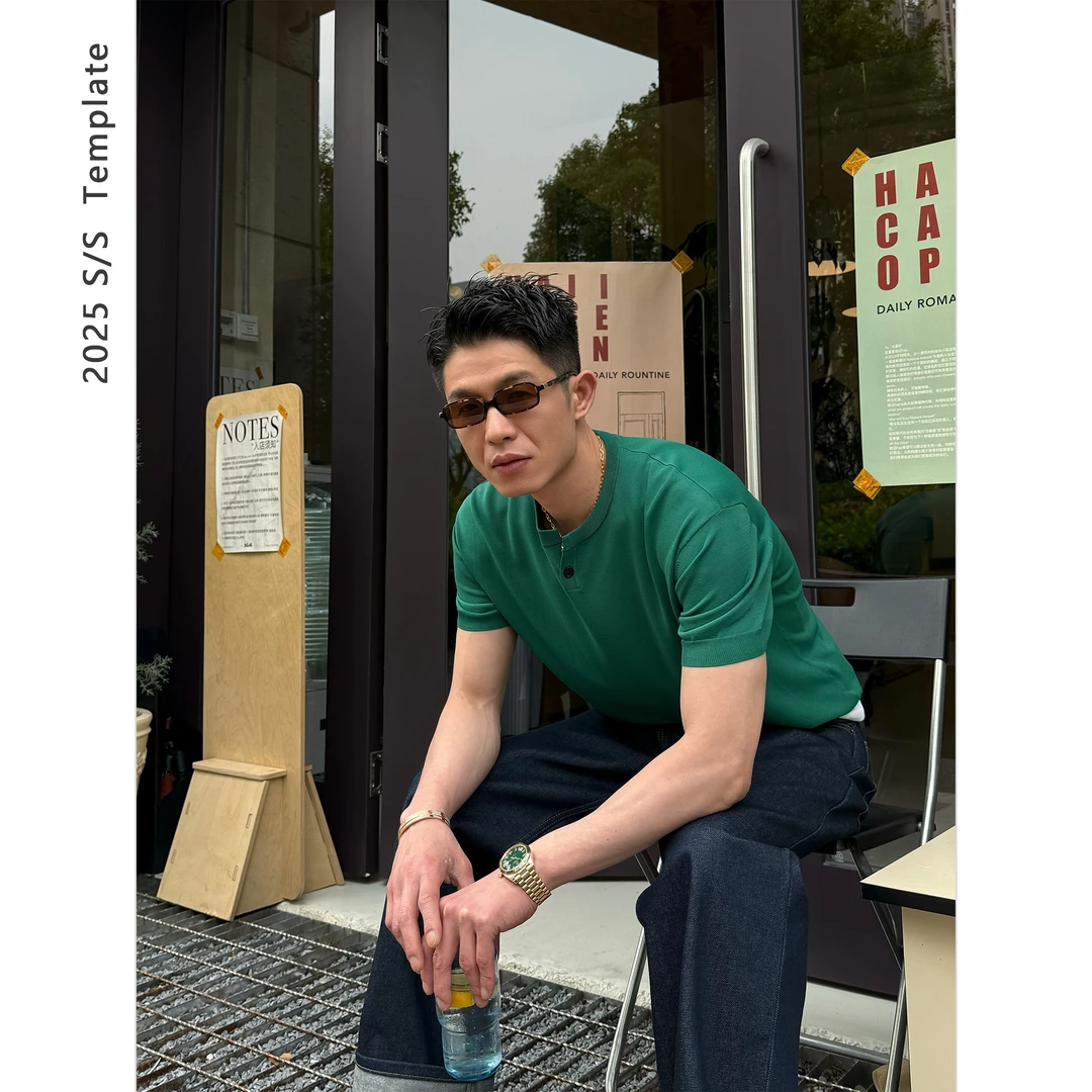 DUPU 裸肤感高弹冰麻纱线素材亨利领针织短袖TEE