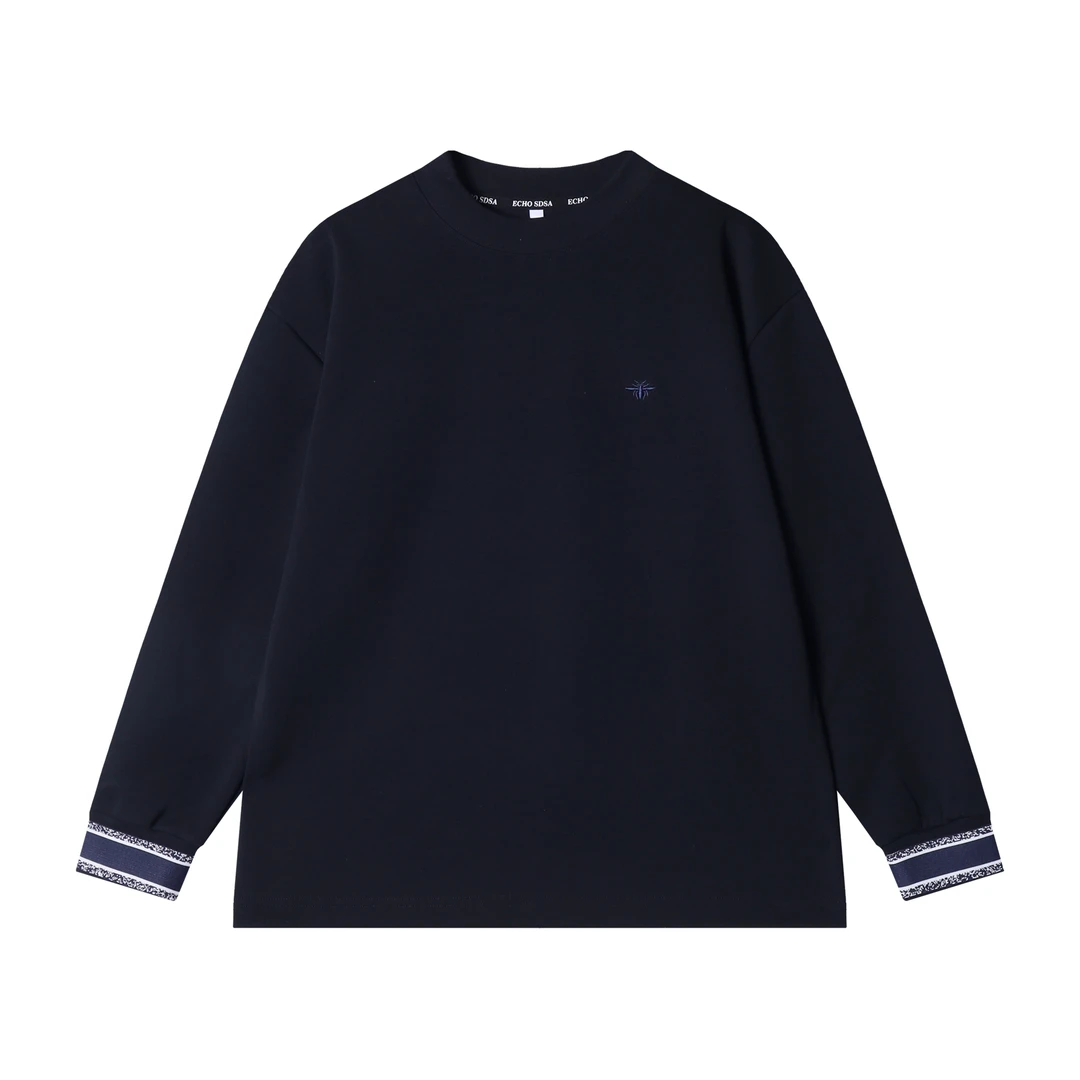 春夏新款时尚个性双边袖织带蜜蜂刺绣百搭休闲圆领套头长袖上衣