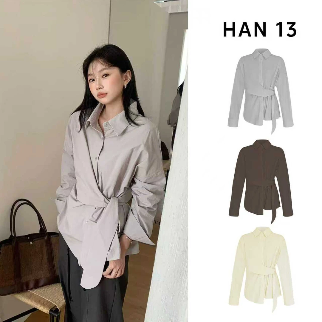 薄款长袖绑带衬衫百搭秋季轻职风外套翻领5007