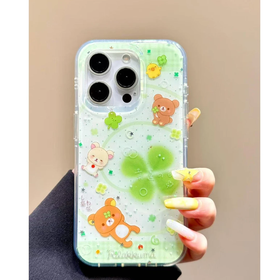 IMD绿四叶轻松熊适用iphone16苹果15果冻手机壳小米OPPOVIVO荣耀