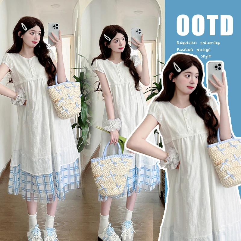2025新款夏装原创设计时尚拼接设计法式甜美温柔风白色连衣裙