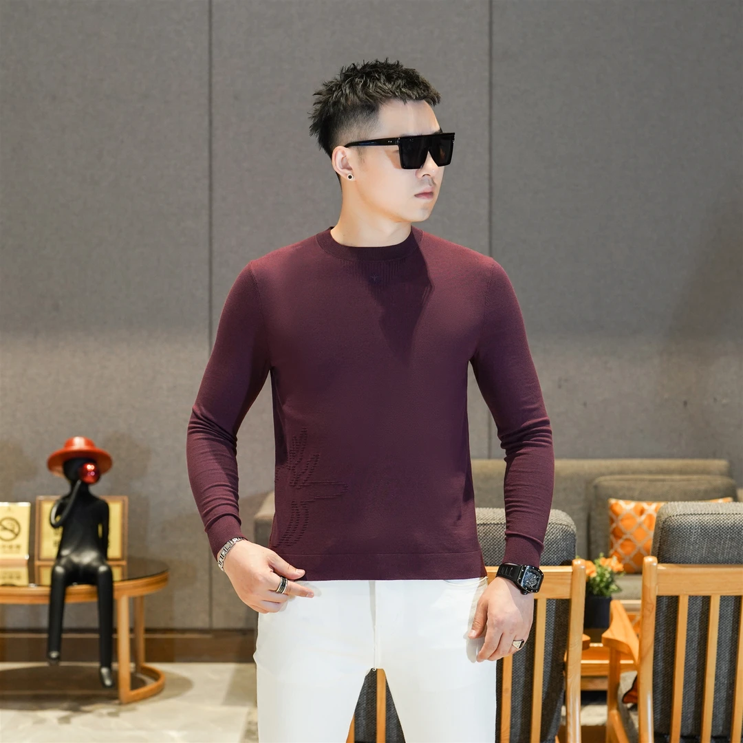 2025秋季新品男士简约老钱风圆领长袖针织打底衫薄款毛衣男GL163