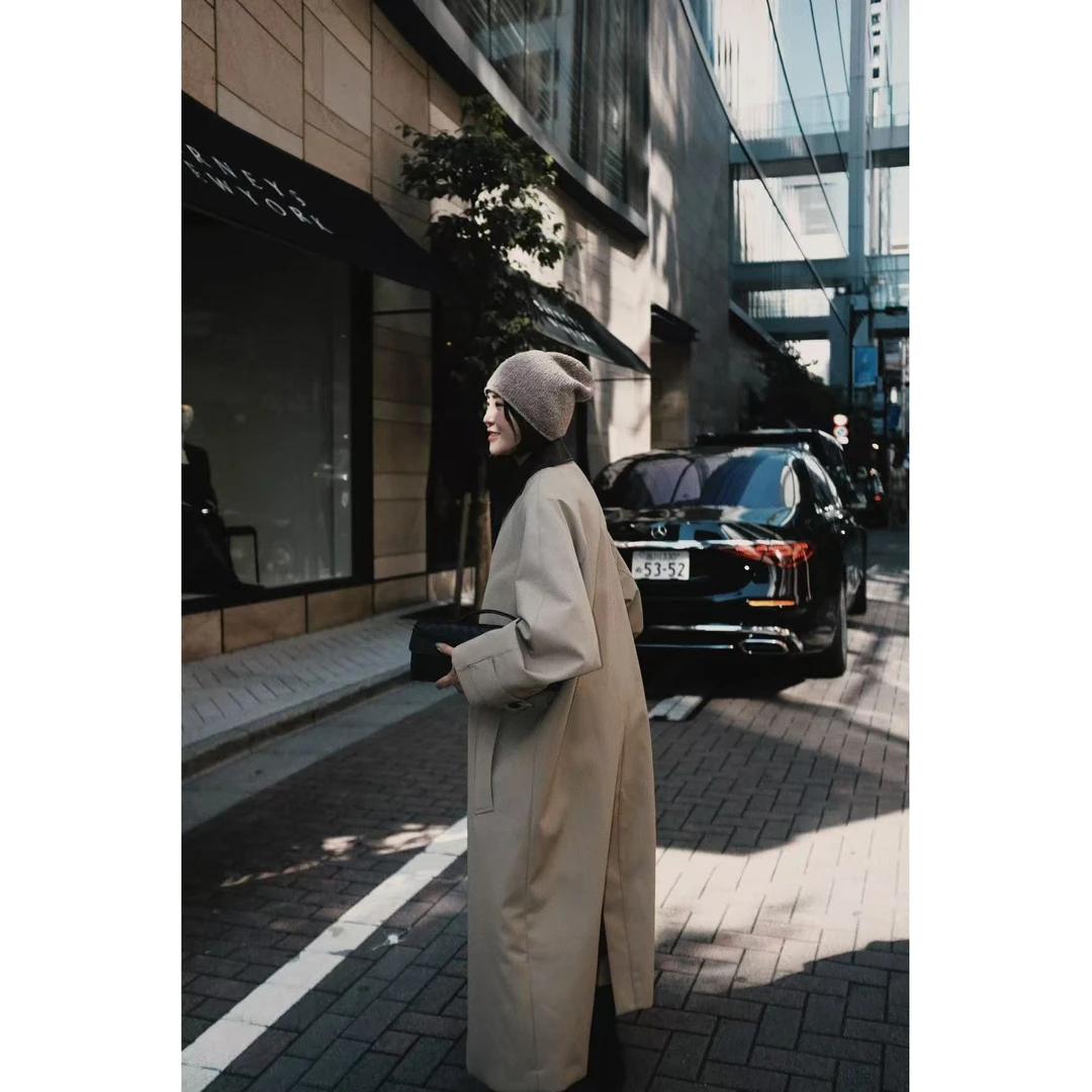 【周炸炸】羊毛真丝混纺 法式气质设计款羊皮领风衣大衣#535025