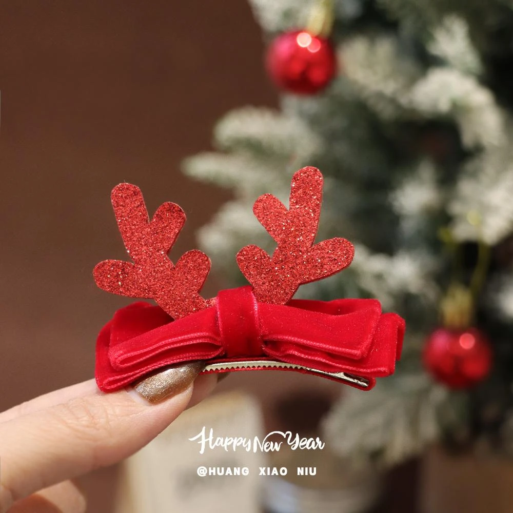 黄小妞圣诞红色发夹儿童立体可爱鹿角头饰高级感丝绒蝴蝶结发夹
