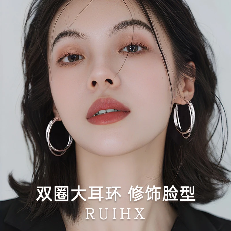 合金耳饰 999纯银耳针双环素圈圆圈耳环高级感大耳圈百搭气质耳饰