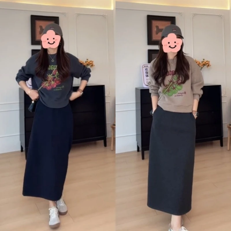 秋季番茄刺绣圆领卫衣+简约百搭松紧腰A版半身裙套装LK2506910