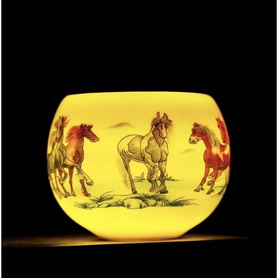 八骏图夜光羊脂玉瓷杯 高端茶器 家用 主人杯 手工茶盏 茶杯