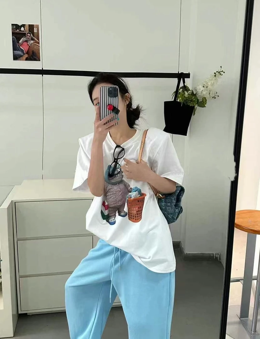 小玲 2025春夏新款韩版卡通猫咪数码印花宽松休闲圆领短袖大T恤女