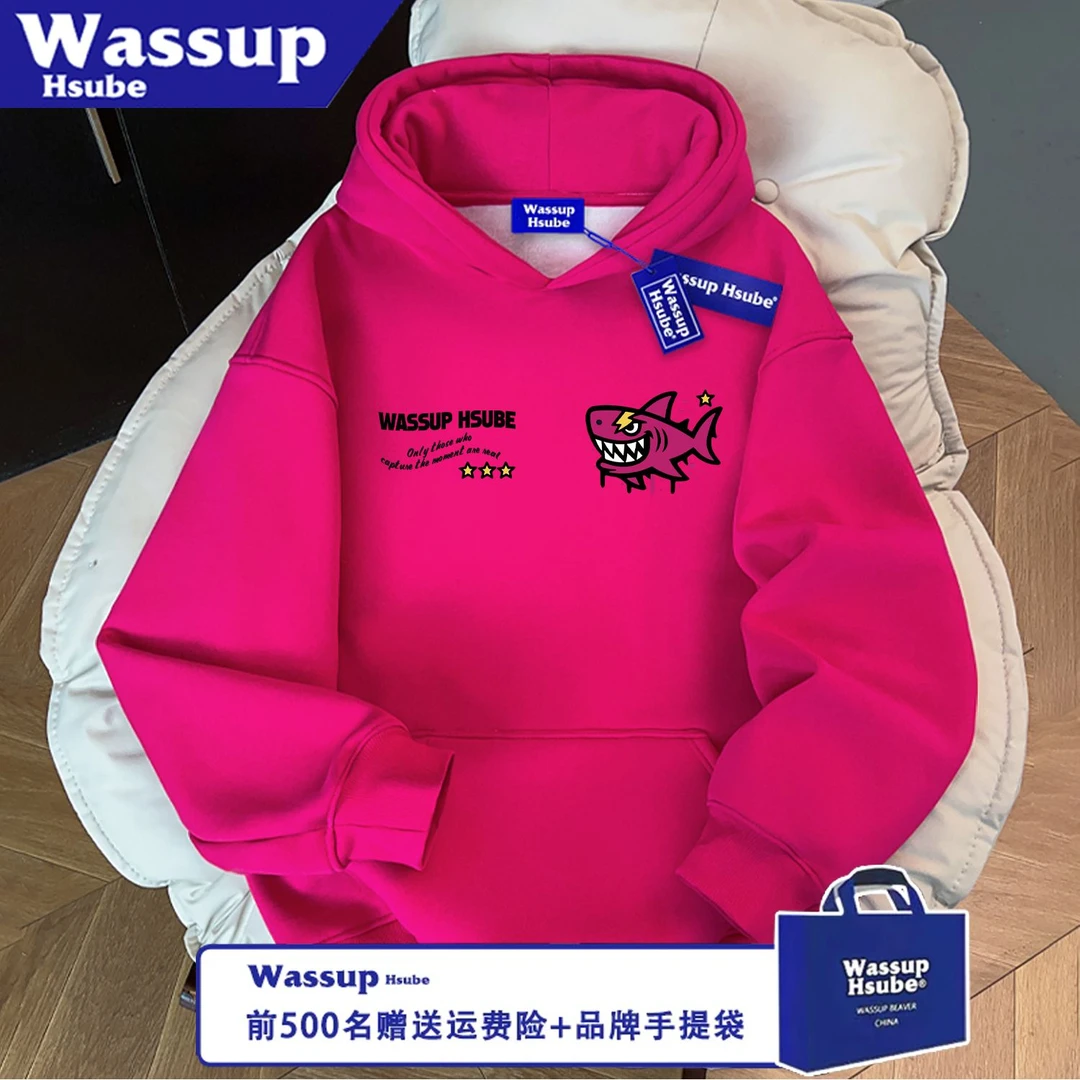 WASSUP HSUBE潮流秋冬流行卡通鲨鱼字母宽松印花长袖卫衣情侣上衣