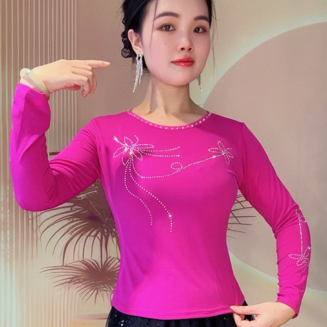 新款广场舞上衣中袖烫钻时尚修身练功服洋气气质重工