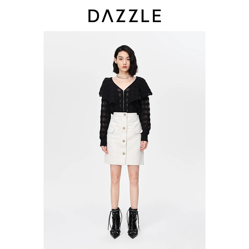 DAZZLE地素奥莱针织开衫镂空肌理感荷叶领毛衫外套女2H1E531