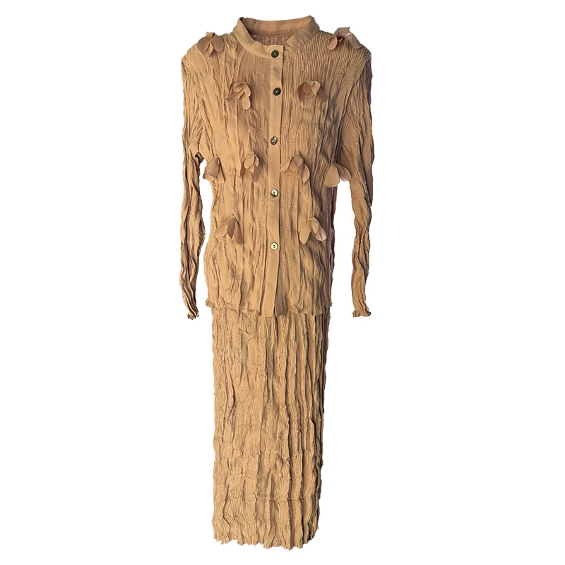 设计感小众立体花朵上衣半身裙手工褶皱两件套时尚套装