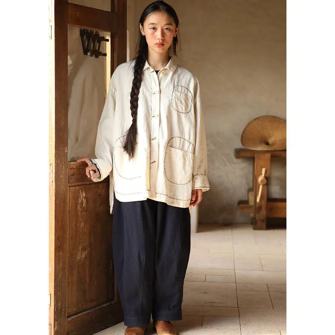 云雾里 原创设计复古文艺松弛感自由率性恣意棉麻牛仔长裤 5026