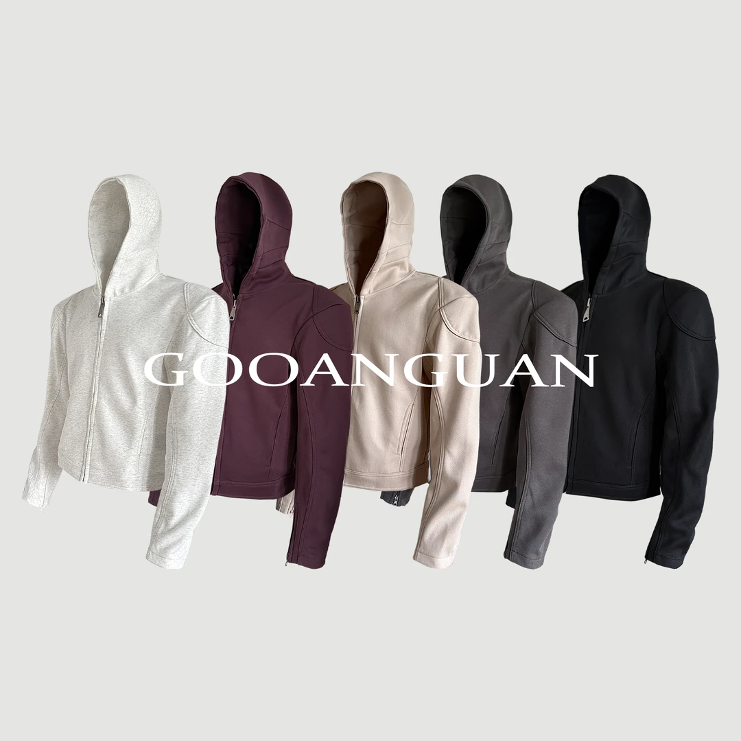 超短款正肩机车拉链卫衣360克纯色cleanfit开衫外套秋合身连帽衫