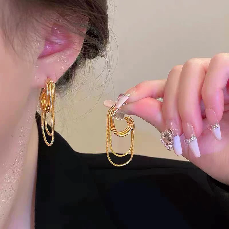 合金耳饰 a702孟娜同款设计感多层个性流苏百搭耳饰