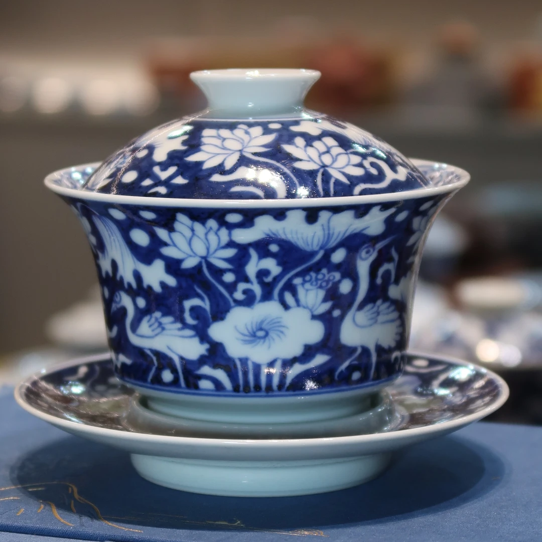 【泓璟】元青花一路连升马蹄盖碗大三才手绘茶器180ml