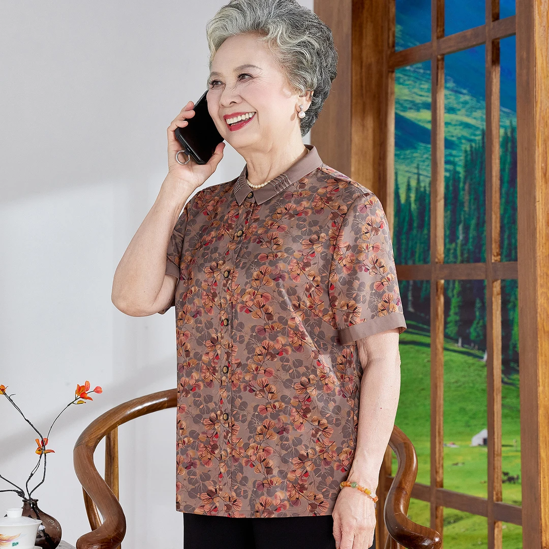 老年人夏装女短袖衬衫妈妈装夏季宽松衬衣小衫奶奶装碎花半袖衣服