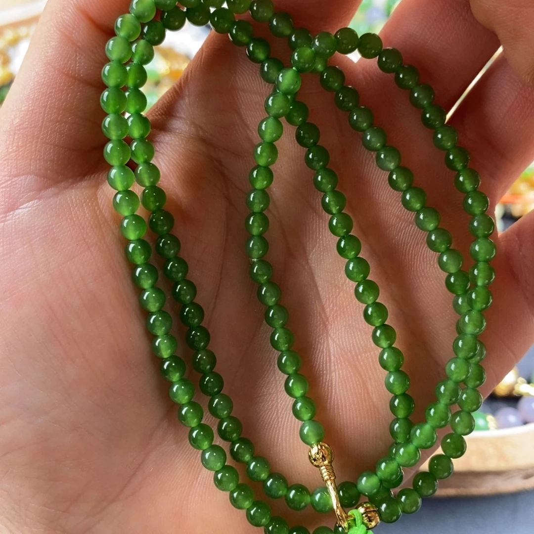 和田玉未镶嵌手串俄碧老料辣绿多圈长串