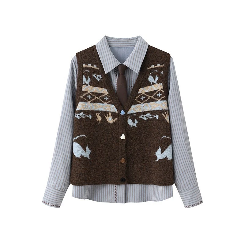 秋冬穿搭女新款宽松复古背心马甲学院风衬衫上衣两件套装2873