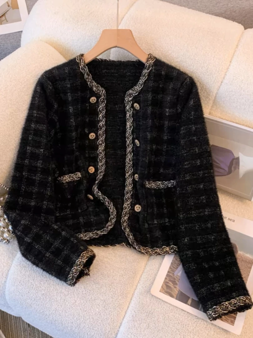 常规宽松型时尚女装女装复古黑色开衫春秋外套