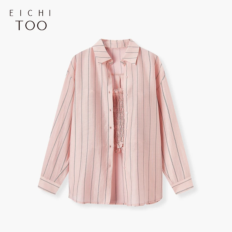 A爱居兔粉色条纹时尚两件式抹胸长袖休闲衬衫ENEAJ2N007A