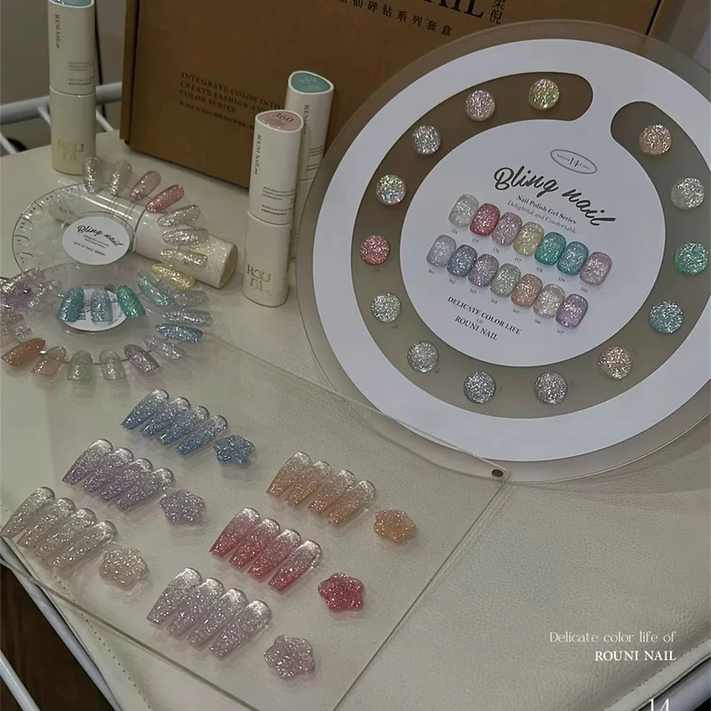 ROUNI柔倪新品14色爆闪仙星碎钻胶甲油胶美甲店专用套装胶美博会