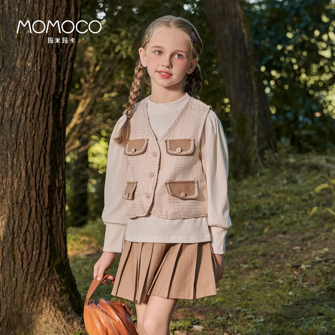 MOMOCO/玛米玛卡女童百褶裙三件套2025春季新款中大童童装套装