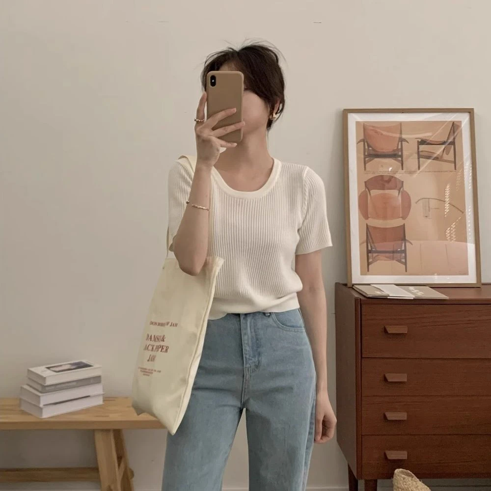 正肩薄款针织短袖显瘦夏季宽松高级感小个子时尚气质短袖百搭上衣