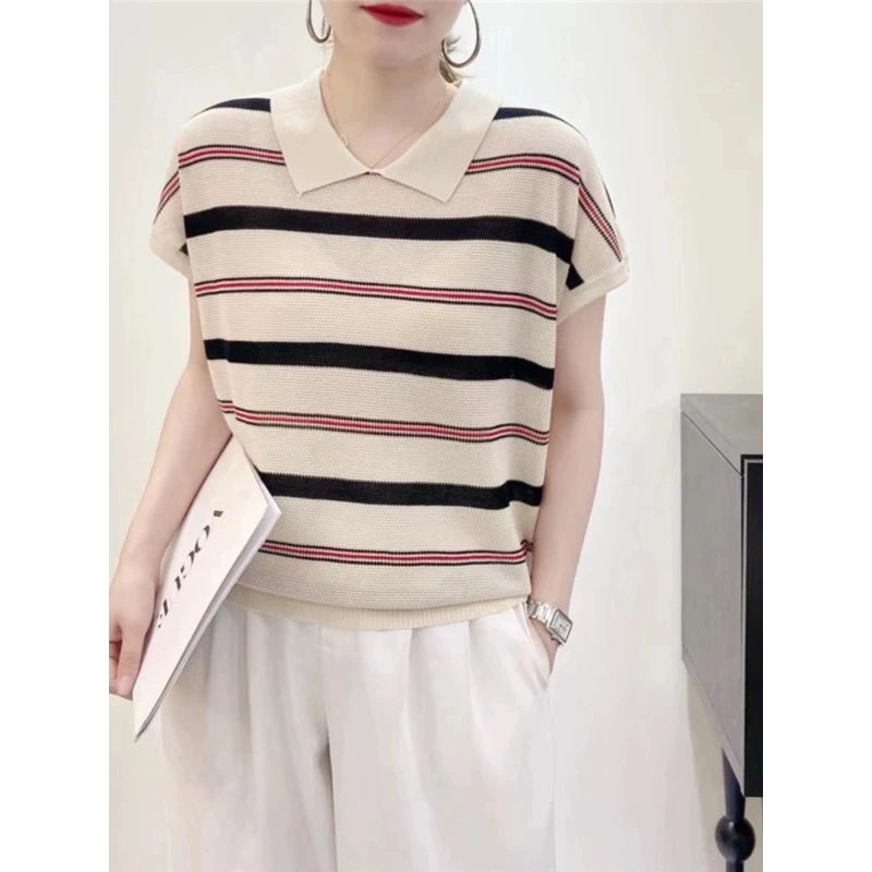 丝光顺滑~莱赛尔天丝丹棱条纹撞色小飞袖T恤衫