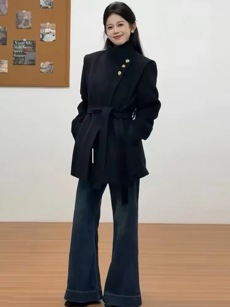 大码胖mm韩系收腰绑带毛呢外套女2025冬季新款黑色时尚大衣99570#