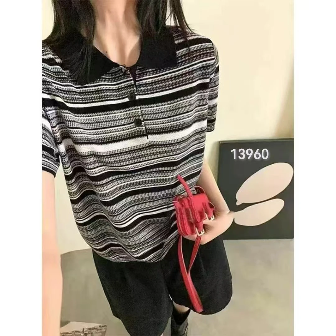 13960（部分无水洗唛，介意慎拍） CHUXUN新款翻领条纹针织短袖