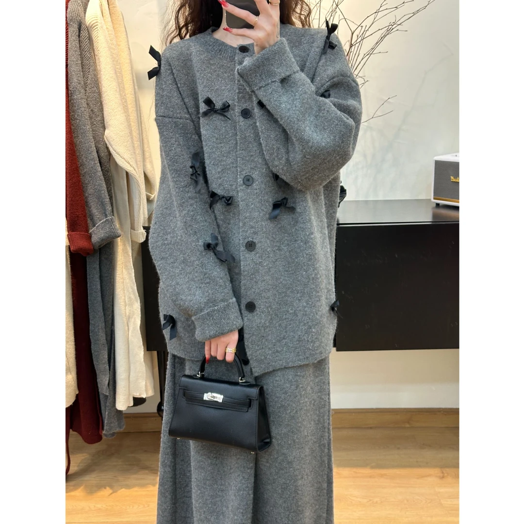 韩系慵懒风套装女蝴蝶结毛衣外套一整套ootd穿搭针织半身裙两件套