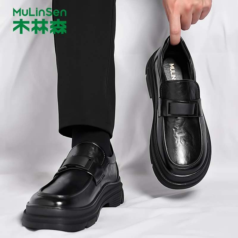 木林森休闲皮鞋男商务英伦乐福鞋一脚蹬男鞋2025新款增高豆豆潮鞋