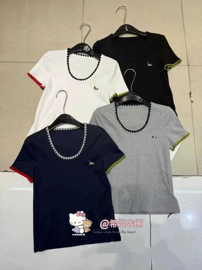 【U领明线T】小众设计25夏季新款刺绣小狗简约百搭T恤上衣