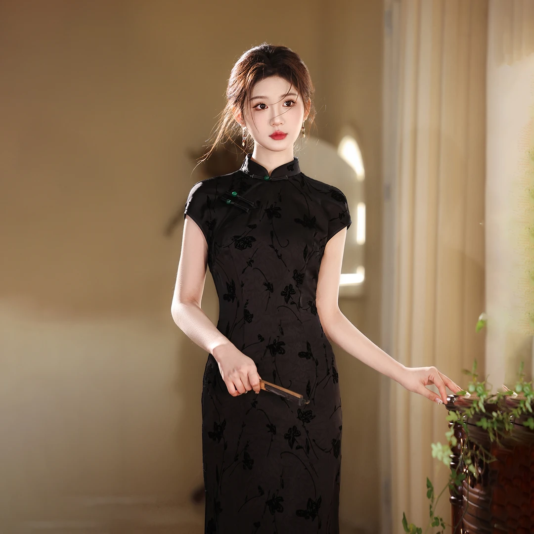 国风旗袍夏季改良版少女新中式高端大气上档次绝美连衣裙黑色优雅