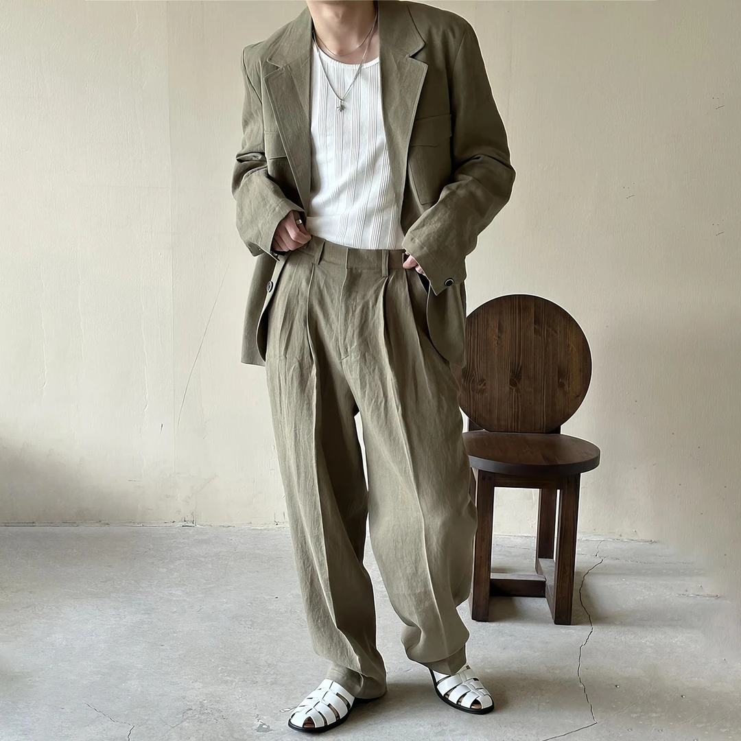 DIIIVERGOM复古轻熟亚麻休闲西服套装男士春夏款美式英伦风外套双