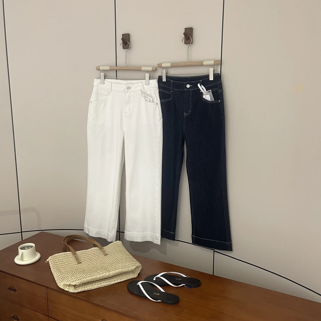 新款韩版简约纯色四面弹花边微喇牛仔裤K8109