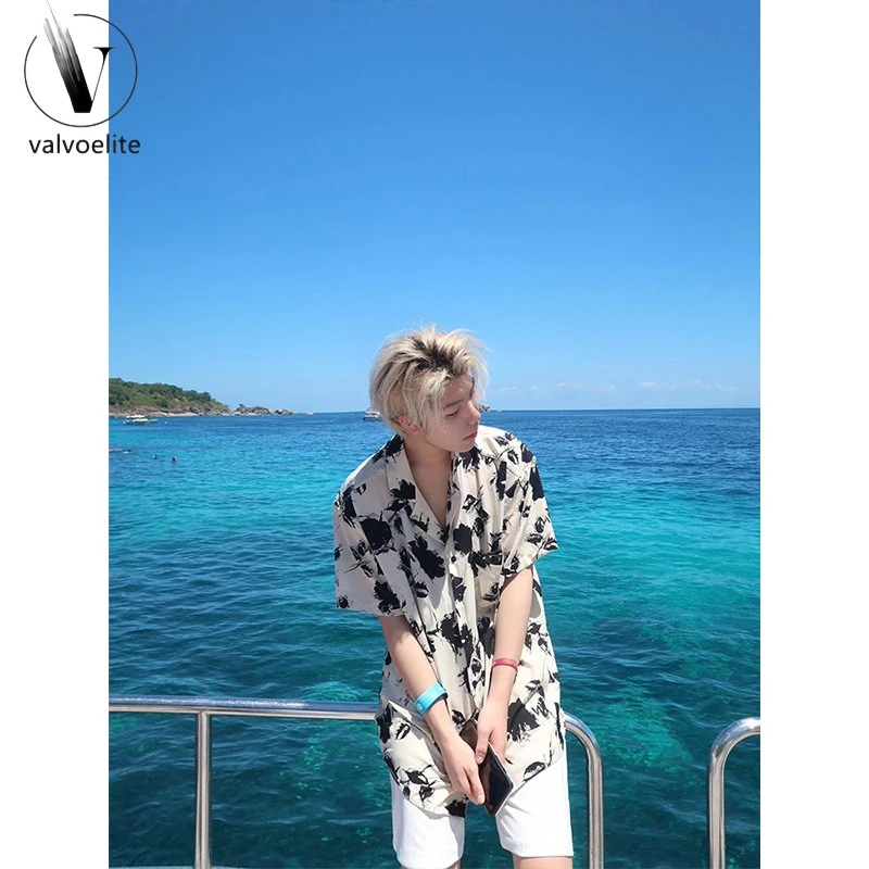 VALVOELITE巴洛克冰丝花衬衫男高级感痞帅风海岛穿搭古巴领短袖衬