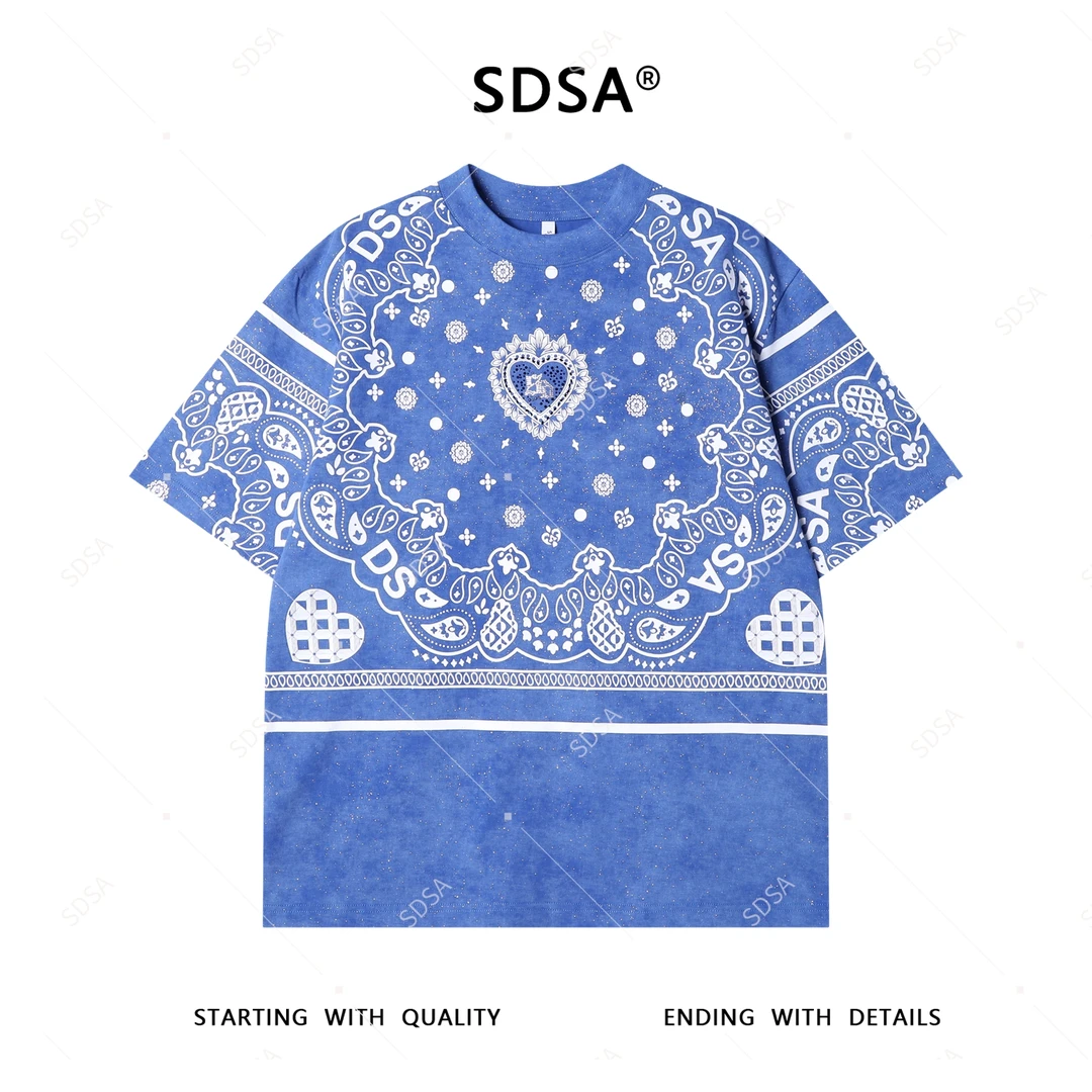 夏季高级感新款男士满天星烫钻撞色印花设计短袖T恤百搭圆领上衣