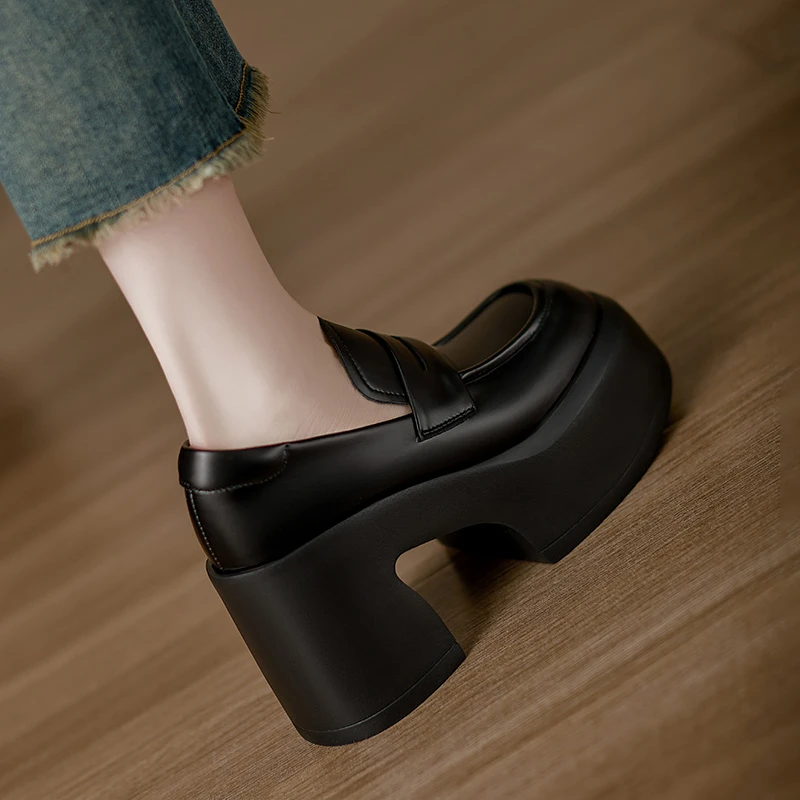 小个子增高9.5cm~粗跟乐福鞋女新款真皮厚底单鞋百搭松糕JK小皮鞋