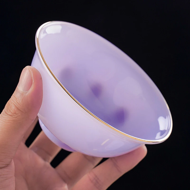 紫色玉瓷4.5英寸饭碗大号白瓷轻奢餐具斗笠色釉金边碗米饭碗