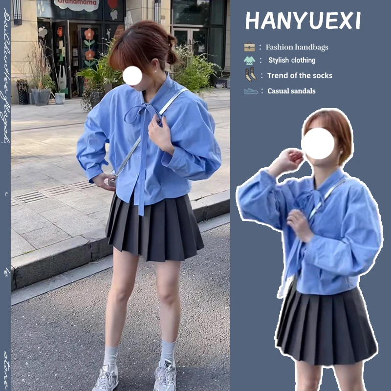 今年流行穿搭一整套2024新款绑带长袖减龄衬衫时尚百褶裙两件套潮