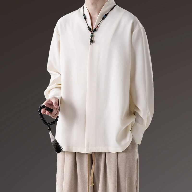 复古文艺 中国风暗扣简约长袖衬衫男 新中式穿搭 汉服领 禅意上衣