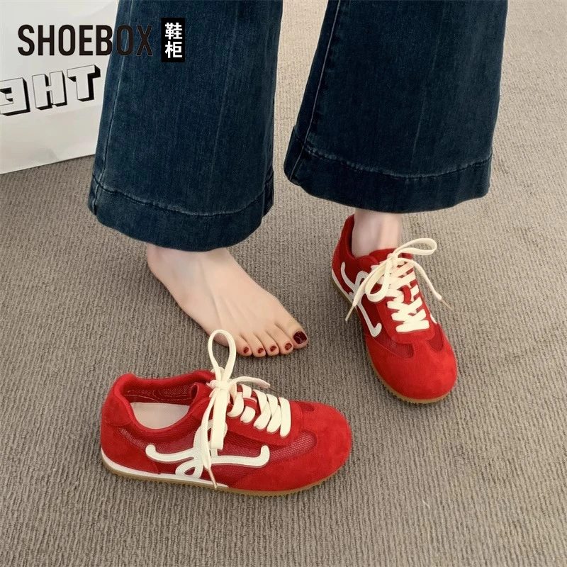 SHOEBOX鞋柜红色复古德训鞋女2025春季新款透气网面休闲阿甘鞋