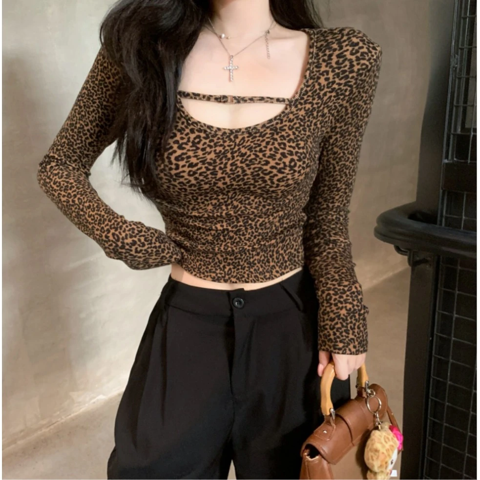 纯欲辣妹性感低胸豹纹长袖t恤女春秋冬内搭打底小衫收腰短款睡衣