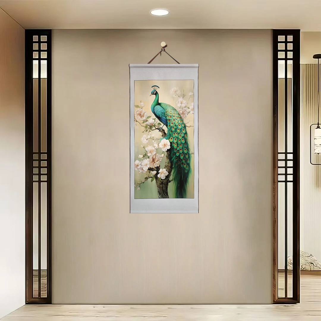 {40-113绿孔雀}40x85cm现代简约挂轴装饰画办公室家居装