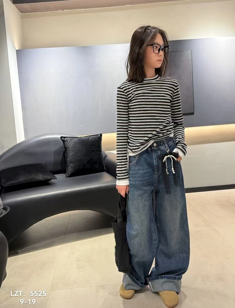 HBHB  2025秋季女宝时髦翻边烫钻牛仔阔腿裤  5525