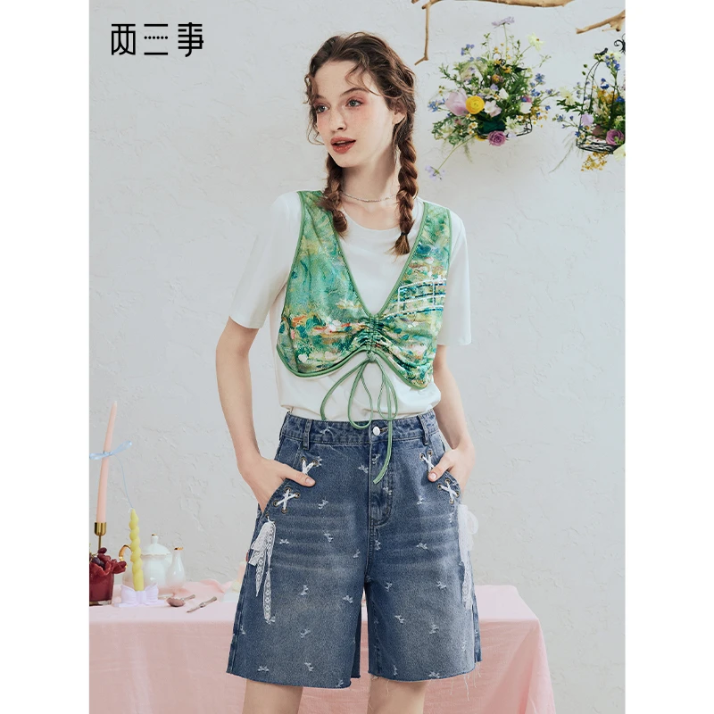 两三事 蝶吻清泉 2025夏季新款时尚珠片绣印花布拼接假两件t恤女