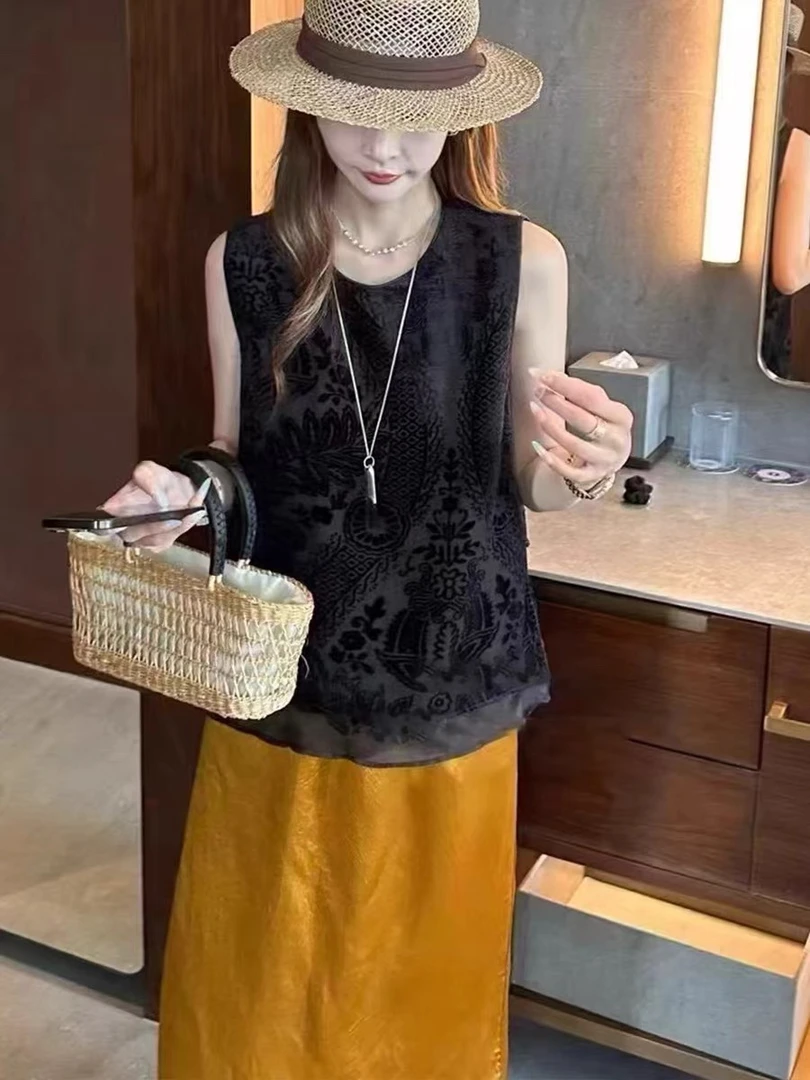 芷炫 59125韩系丝绒提花镂空无袖衬衫2025夏季新款女高级气质百搭